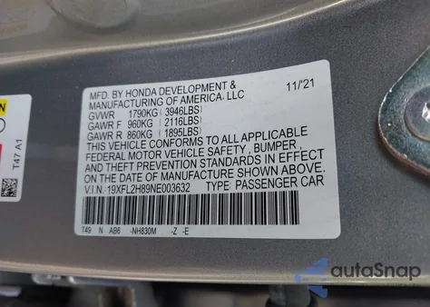2022 Honda Civic Sport from USA, damaged, VIN 19XFL2H89NE003632